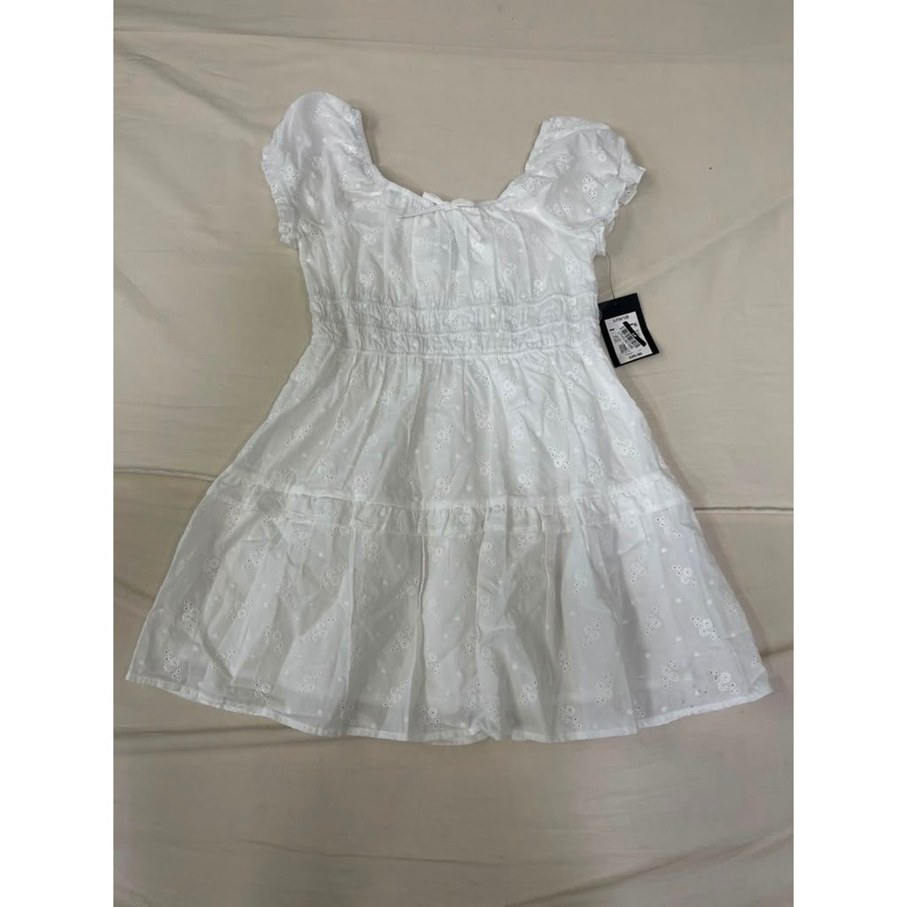 Liana Girls White Eyelet Smocked Waist Tiered Dress Size L 10/12 NWT